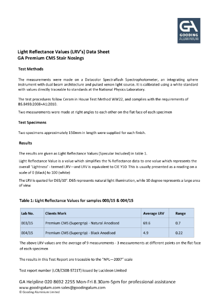 Premium CMS Stair Nosings Light Reflectance Values (LRV's)