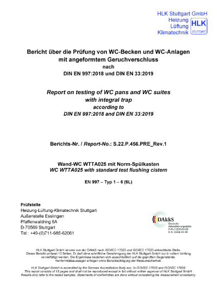 Report on testing of WC pans and WC suites with integral trap
