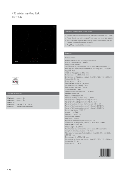 60cm induction hobs T36FBE1L0G, Datasheet