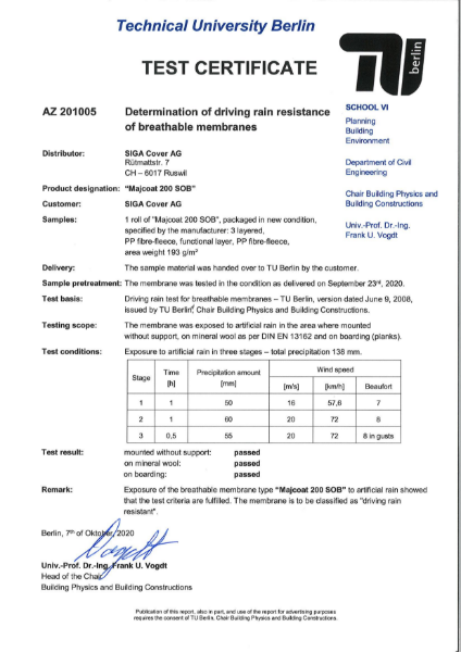 Driving Rain Test certificate SIGA Majcoat 200 TU Berlin