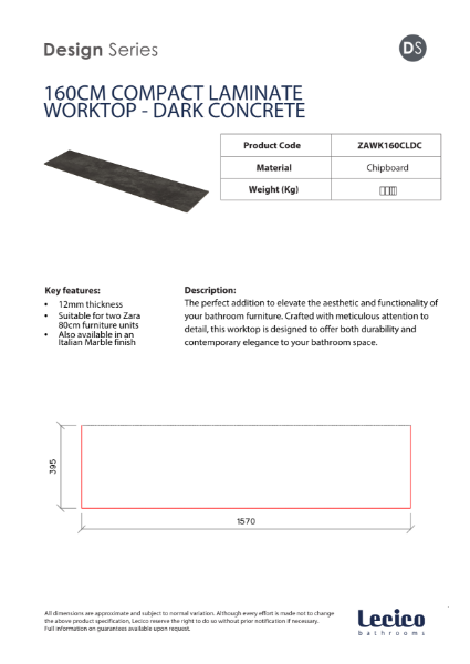 Zara 160 cm Width 12 mm Compact Laminate Worktop - Dark Concrete