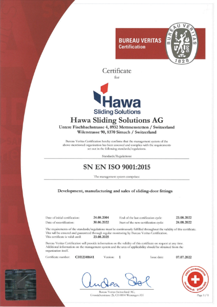 Hawa Sliding Solutions AG ISO 9001 Certification