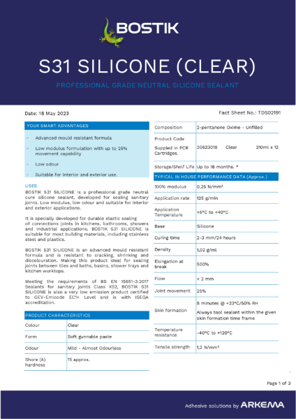 Bostik S31 Silicone (Clear) TDS