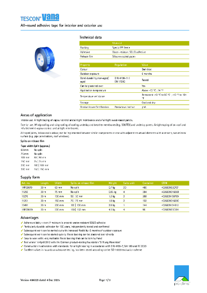 Pro Clima Tescon Vana Technical Datasheet