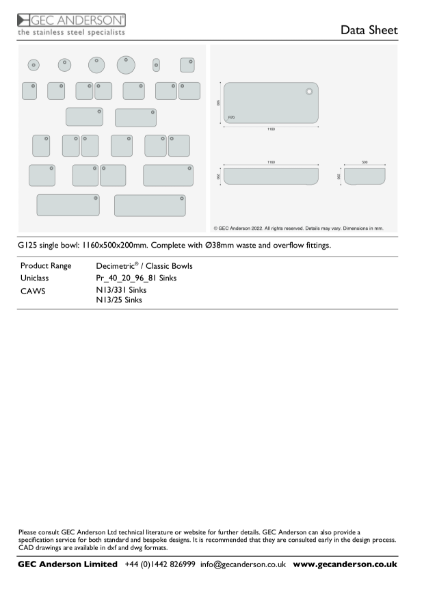GEC Anderson Data Sheet - G125(200) Single Bowl