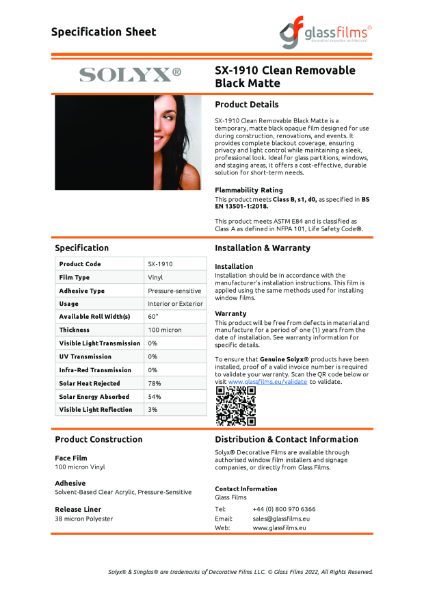 SX-1910 Clean Removable Black Matte Window Film - Product Data Sheet