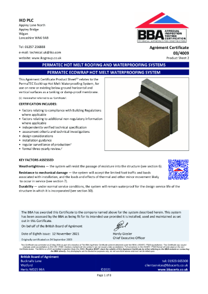 BBA Certificate - IKO Permatec Systems - Product Sheet 2