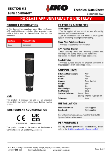 Technical Data Sheet (TDS) - IKO Glass APP Universal Torch-On Underlay