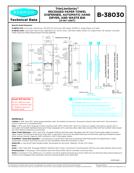 TrimLineSeries™ Recessed Paper Towel Dispenser, Automatic Hand Dryer, and Waste Bin - (3-in-1 unit) - B-38030