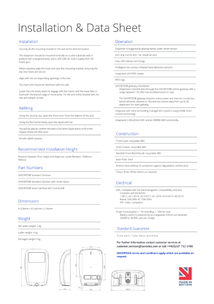 Savortex Sanitiser Dispenser Installation & Data Sheet