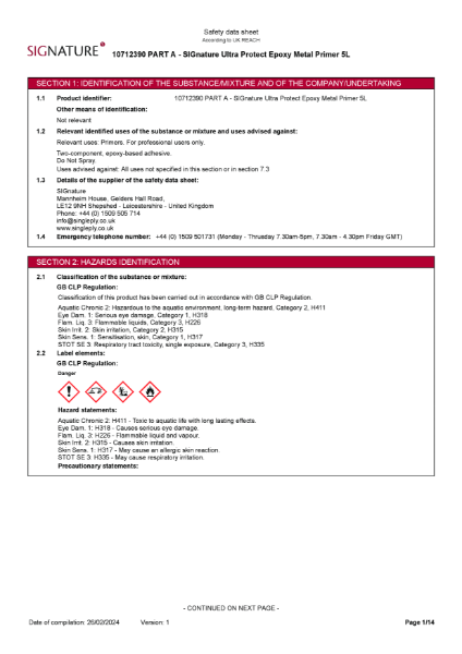 SIGnature Ultra Protect Epoxy Metal Primer (Part A) - Safety Data Sheet