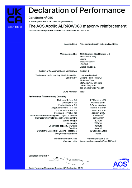 Declaration of Performance - Certificate No 050 (EN 845-3)