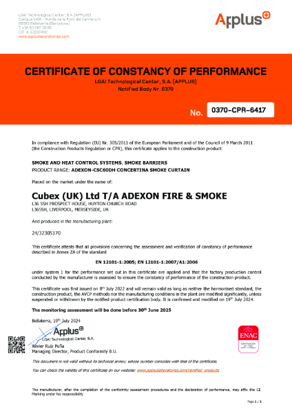 Adexon-CSC60DH Concertina Smoke Curtain - Certificate 0370-CPR-6417 -- EN 12101-1_2005 & 2007 & _A1_2006 -- Exp 25,06,30