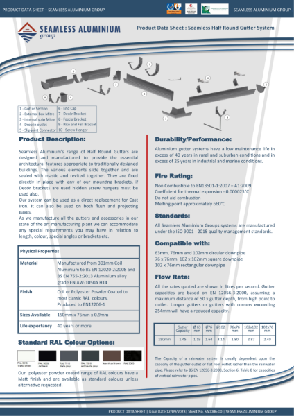 Product Data Sheet Seamless Half Round Gutter System