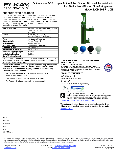 Elkay LK4420BF1UDB Technical Data Sheet