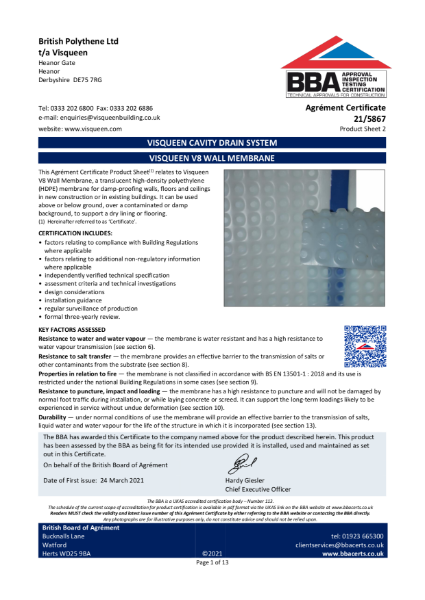 BBA Certificate Visqueen V8 Wall Membrane