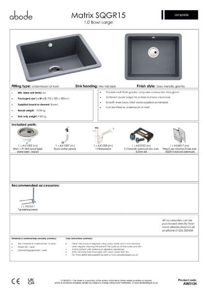 AW3134 (Grey Metallic Granite. 1.0 Bowl Large, No Drainer) - Consumer Specification