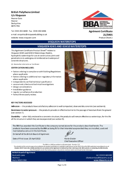 BBA Certificate Visqueen IGW5 and 10 Waterstops