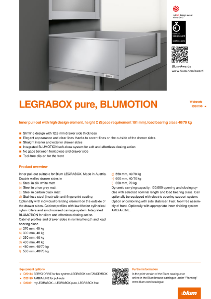 LEGRABOX pure BLUMOTION C Height Inner Pull-out with High Design Element Specification Text