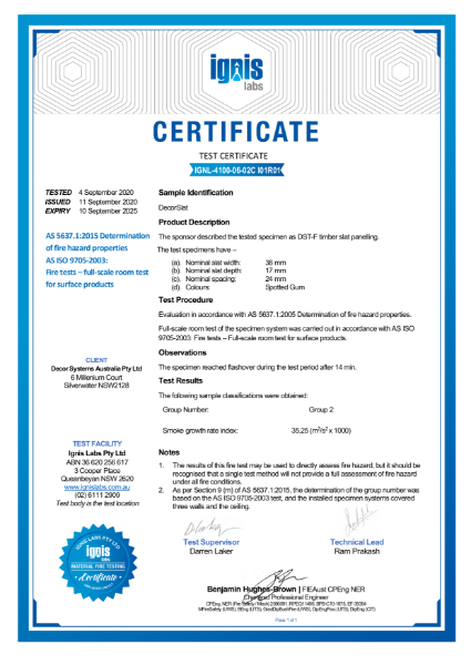 DecorSlat Fire Certificate 