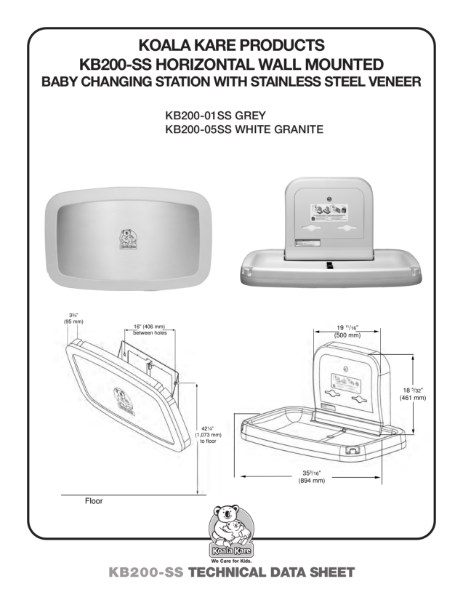 KOALA KARE PRODUCTS KB200-SS Horizontal Wall Mounted Baby Changing Station with Stainless Steel Veneer