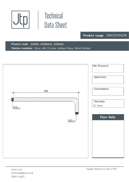 Grosvenor Shower Arm 400 mm – Product Data Sheet