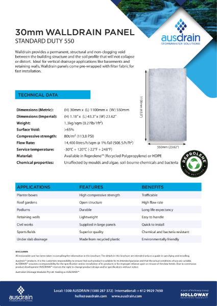 30mm Walldrain (550) Technical Data Sheet