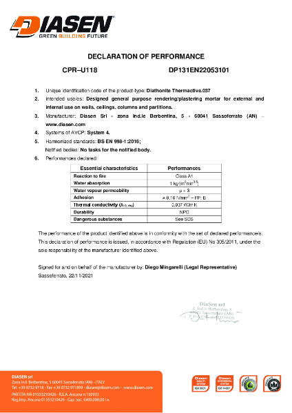 Diasen Diathonite Thermactive.037 Declaration of Performance (DOP) BS 998-1 (UKCA)