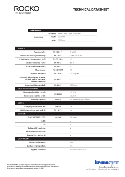 Rocko Vinyl Wall Tiles Technical Datasheet