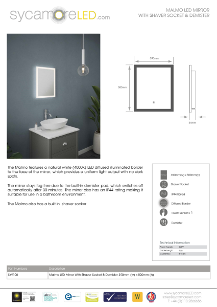 Specification Sheet for Malmo Illuminated Mirror