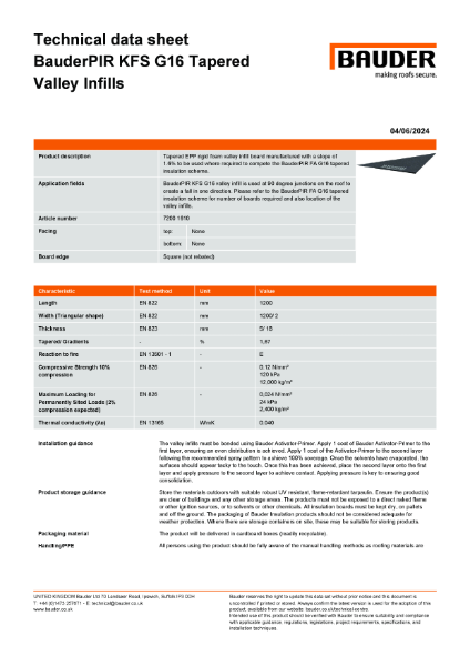 BauderPIR KFS G16 Tapered Valley Infill - Technical Data Sheet
