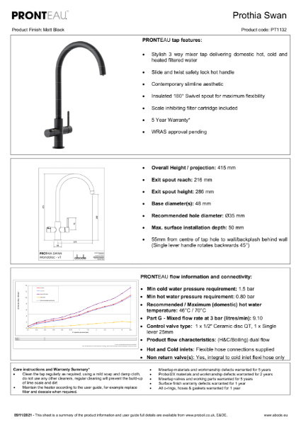 PT1132 Pronteau Prothia (Matt Black), 3 IN 1 Steaming Hot Water Tap - Consumer Specification.