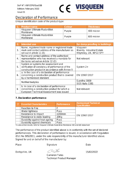 Gas CE Visqueen Ultimate RadonBlok 400 and 600 Membrane Declaration of Performance