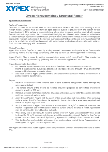 Xypex Honeycombing & Structural Repair Method Statement