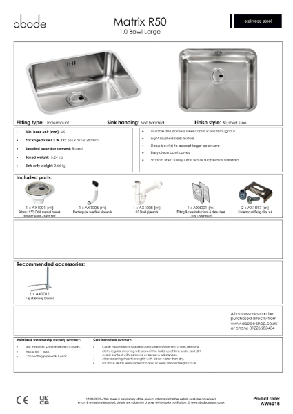 Matrix R50. Stainless Steel Sink, Single Bowl Large - Consumer Spec