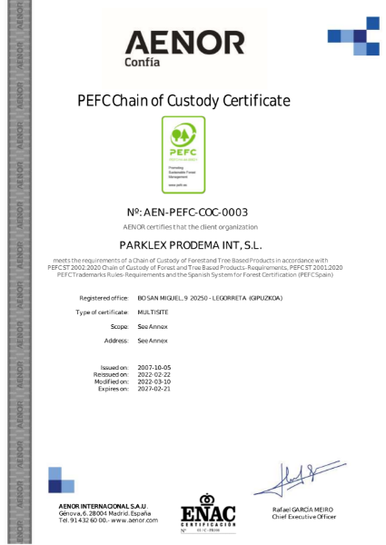 PARKLEX PORDEMA PEFC CERTIFICATE