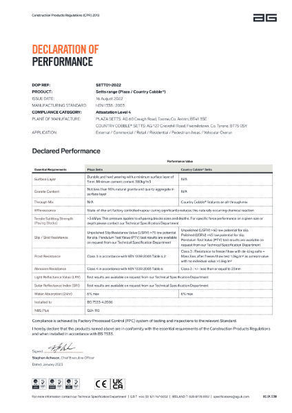 Setts (Plaza / Country Cobble) - Declaration of Performance