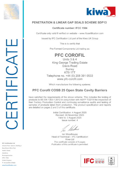 PFC Corofil Open State Cavity Barriers COSB 25 - IFC Certification: 1584