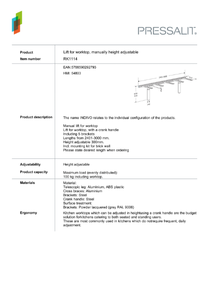 RK1114 - Lift for kitchen worktop, manually height adjustable – Product Data Sheet