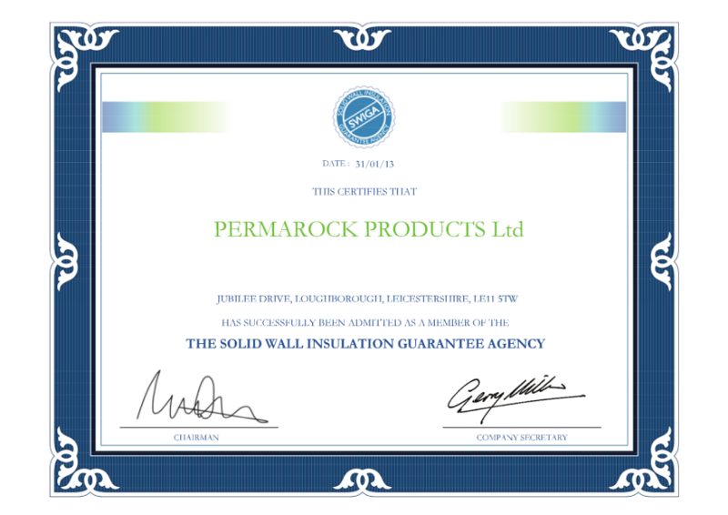 PermaRock Soild Wall Insulation Guarantee Agency (SWIGA) Membership Certificate