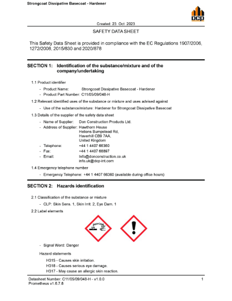 Strongcoat Dissipative Basecoat - Hardener SDS