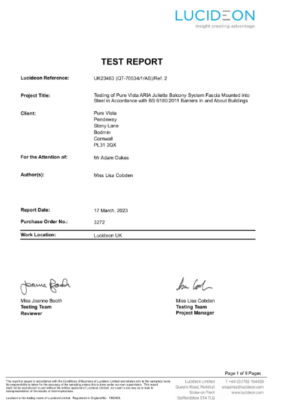 ARIA Fascia Mounted Steel Test Report (21.5 PVB)