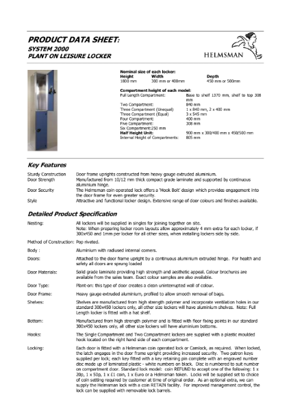 Product Data Sheet - Leisure Lockers