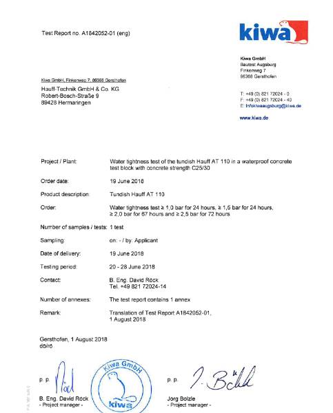 Hauff-Technik Tundish Waste Pipe Entry Floor Seal - Test Report
