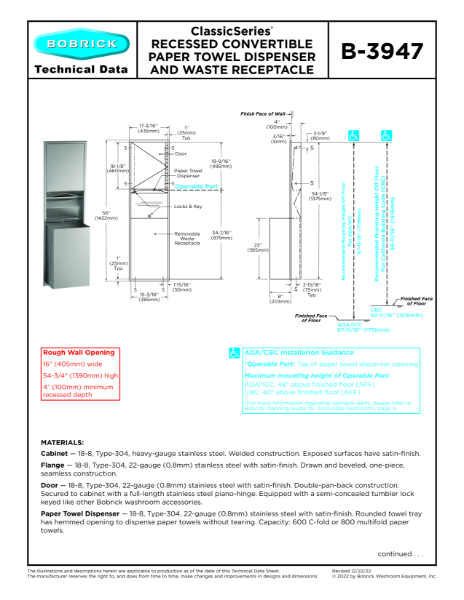 ClassicSeries® Recessed Convertible Paper Towel Dispenser and Waste Receptacle - B-3947