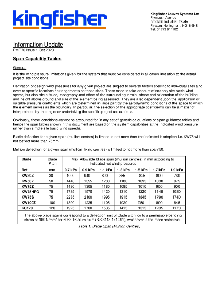 Kingfisher Louvres - Information Update - Span Capability