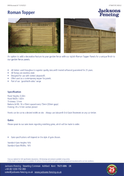 Roman Topper Panel Specification Sheet