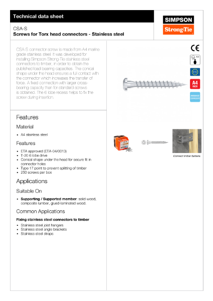 CSA-S Screws for Torx head connectors - Stainless steel - TDS