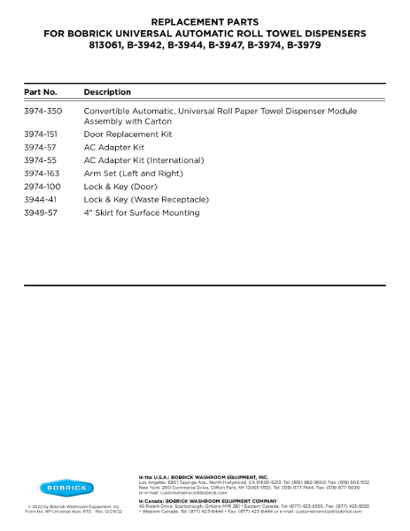 Replacement Parts for Bobrick Universal Automatic Roll Towel Dispensers - B-3974, B-39747, B-3979, B-2974 and B-29744