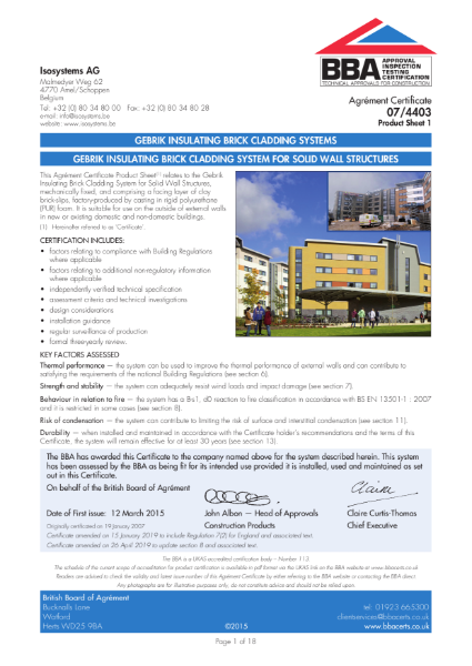 Gebrik Insulating Brick Cladding Systems for Solid Wall Construction System - BBA Certificate
